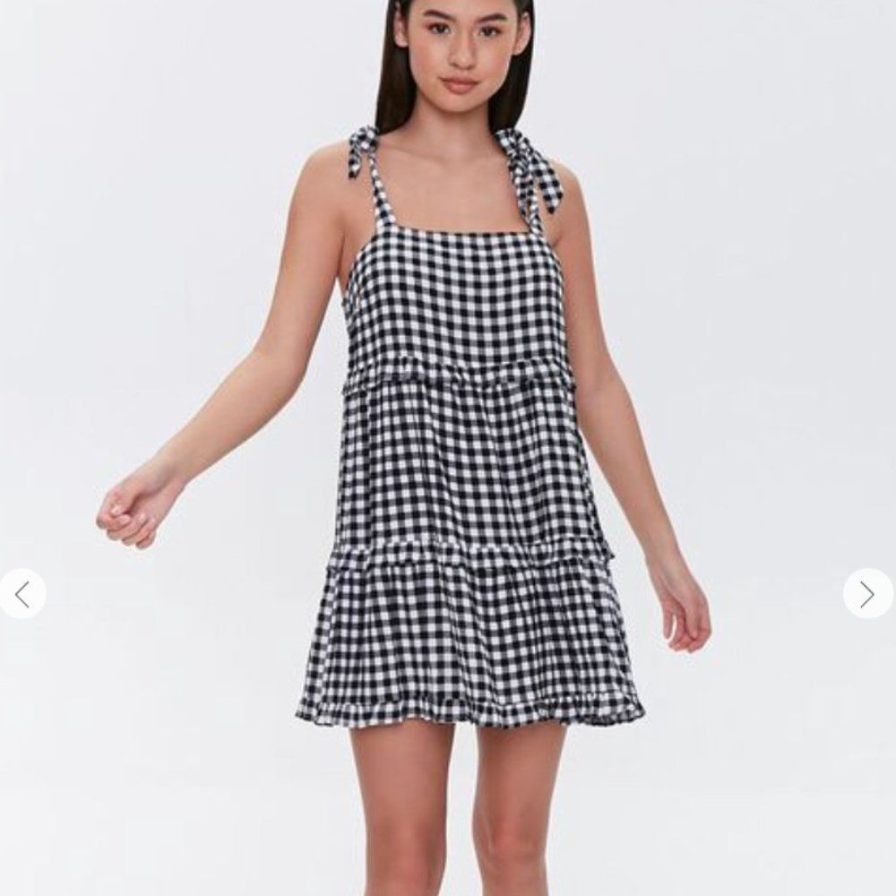 Gingham Plaid Tie Strappy Mini Swing Dress